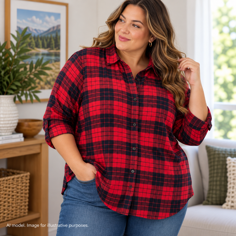 Lands End Shirt Womens 20W 2X Red Black Tartan Plaid Flannel Work Chore Shacket